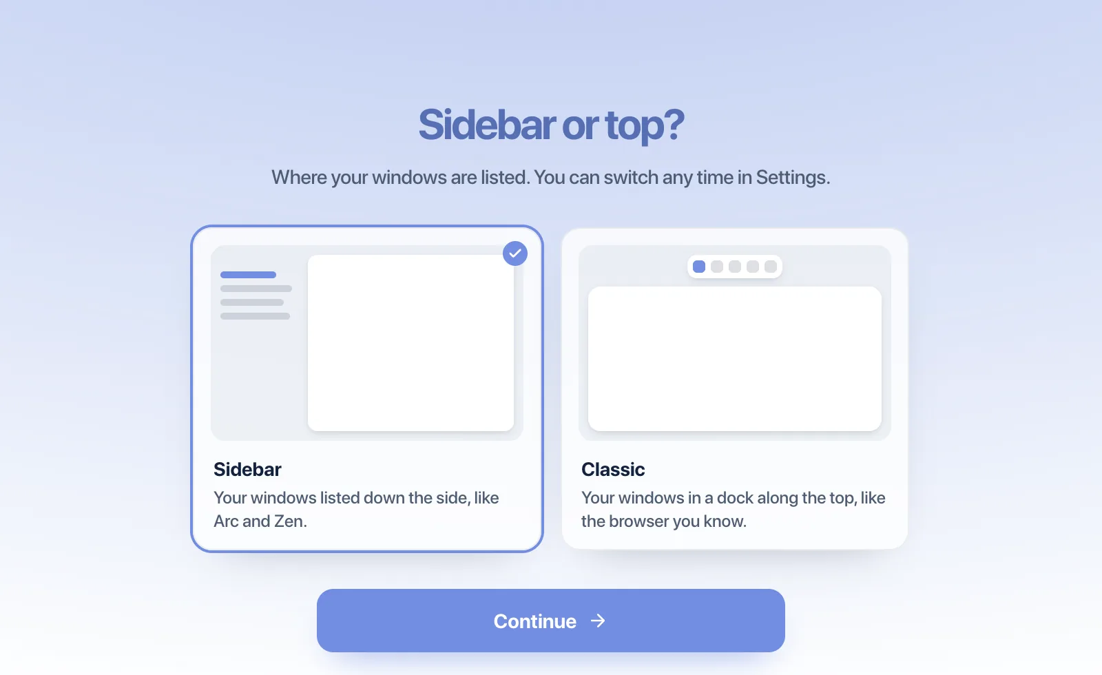Tabula setup screen “Sidebar or top?” with two choices: Sidebar, and Classic with a dock along the top