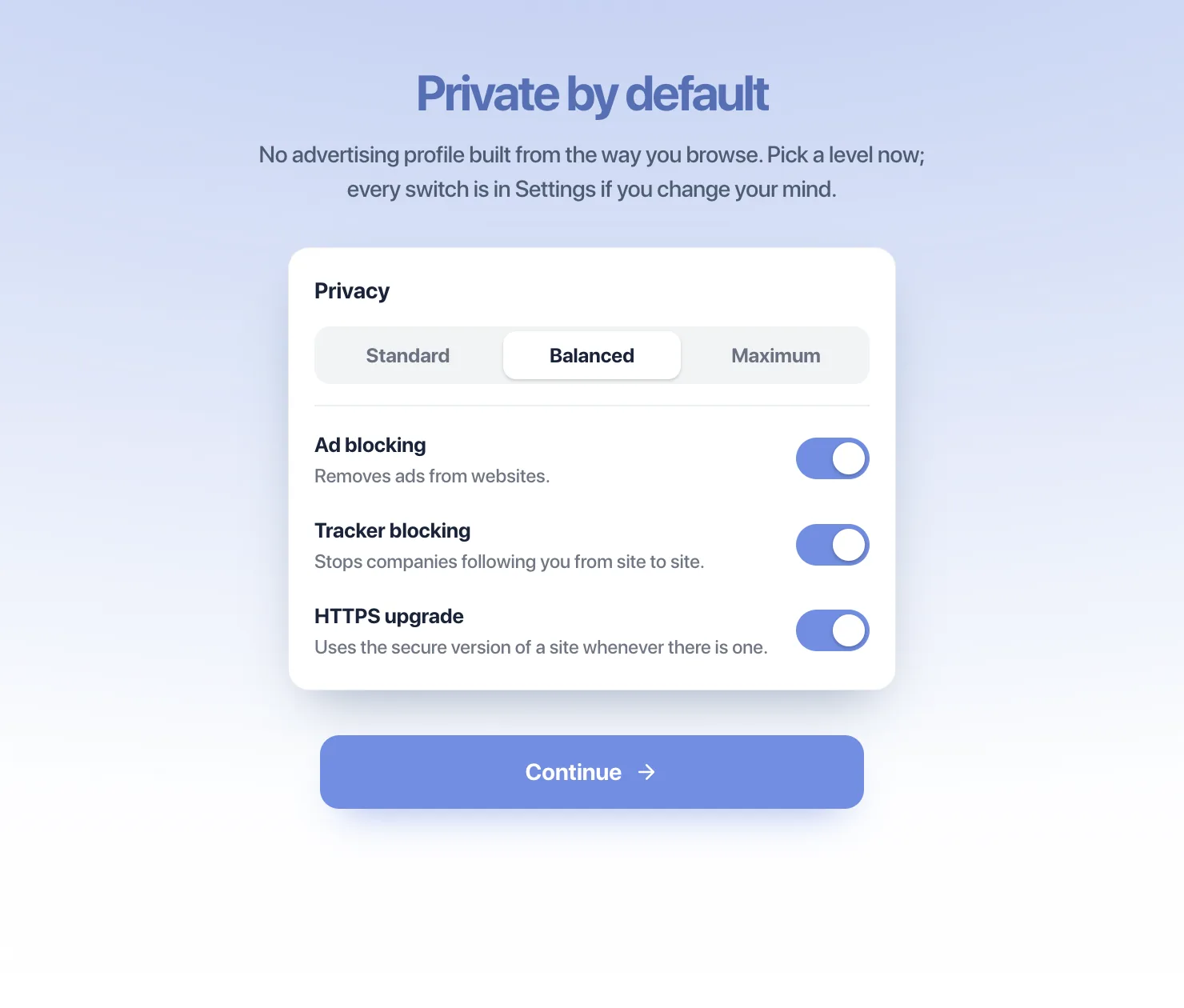 Tabula setup screen “Private by default”: Standard, Balanced and Maximum, with ad blocking, tracker blocking and HTTPS upgrade switched on