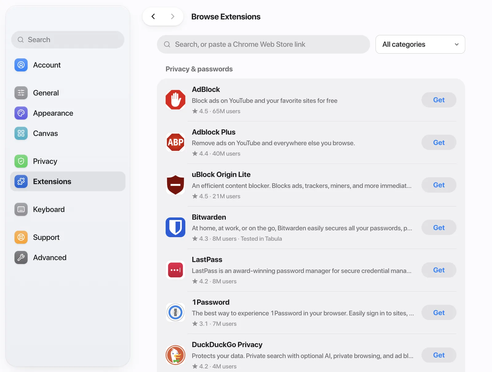 Tabula Settings, Browse Extensions: AdBlock, uBlock Origin Lite, Bitwarden, 1Password and others, each with a Get button