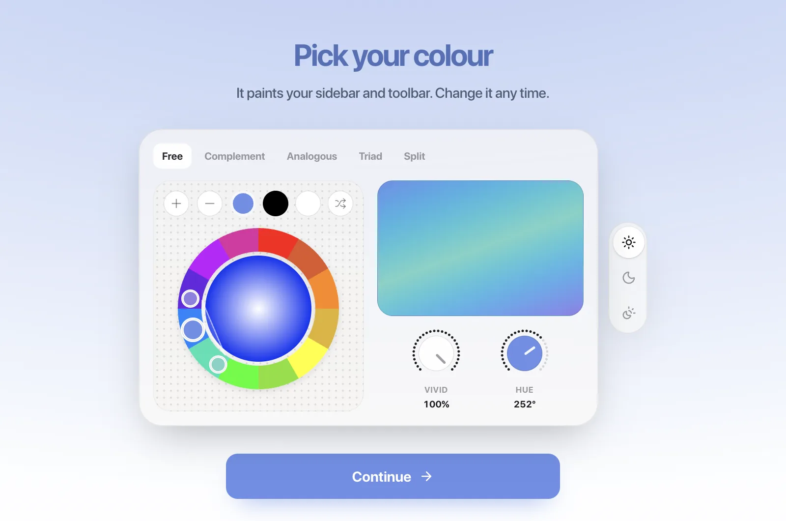 Tabula setup screen “Pick your colour” with a color wheel and a blue-to-purple gradient preview