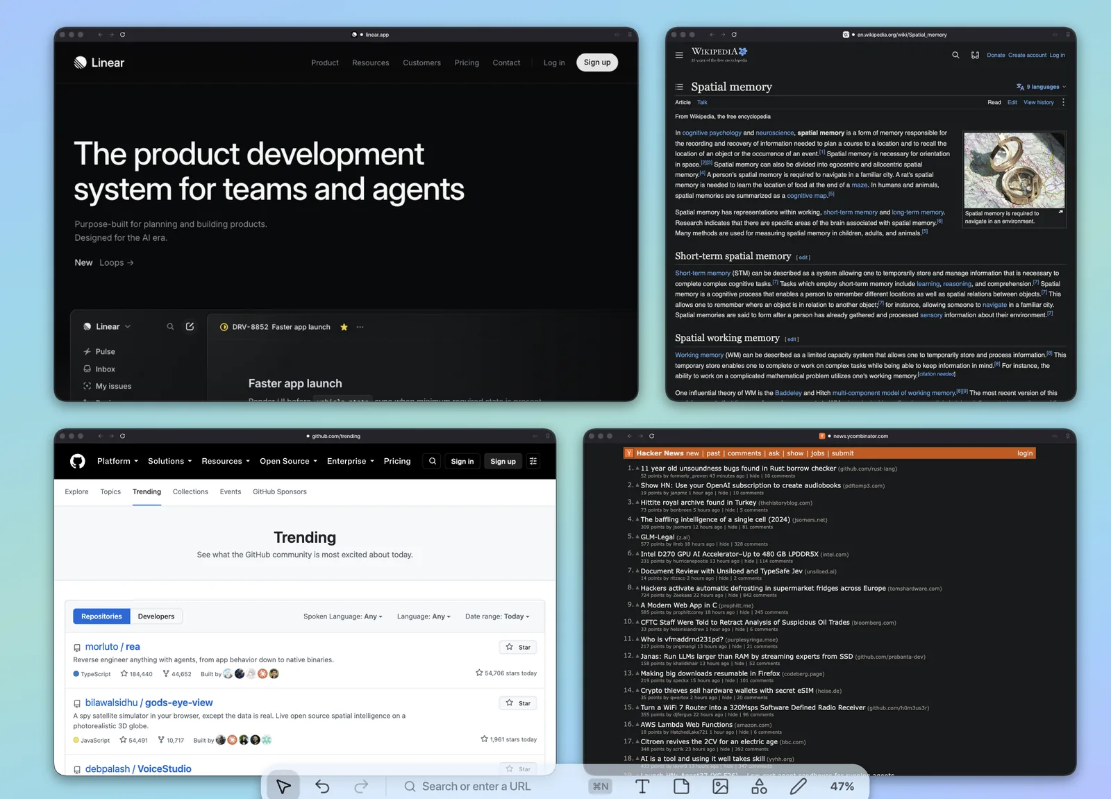 A Tabula canvas with four live windows: Linear, Wikipedia and Hacker News in dark mode from Dark Reader, and GitHub still light
