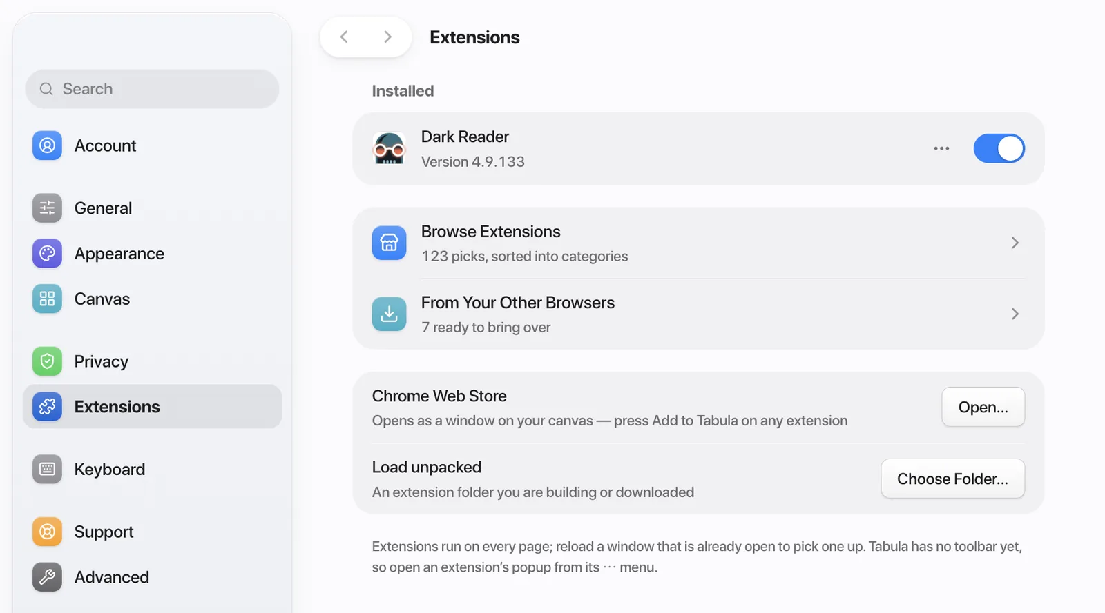 Tabula Settings, Extensions: Dark Reader installed and switched on, with Browse Extensions, From Your Other Browsers, Chrome Web Store and Load unpacked below