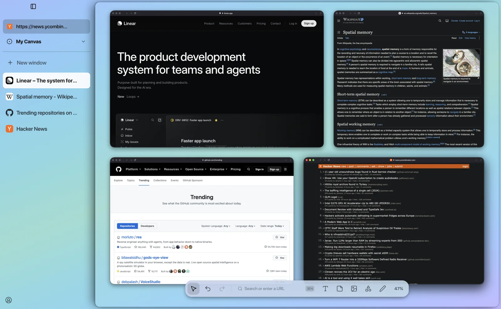 The same Tabula canvas in the sidebar layout: a list of open sites on the left and four live windows on the canvas
